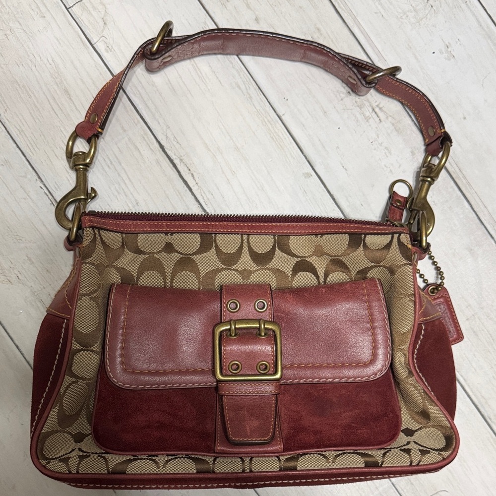 Coach Signature Canvas Shoulder Bag with Red Leather Accents